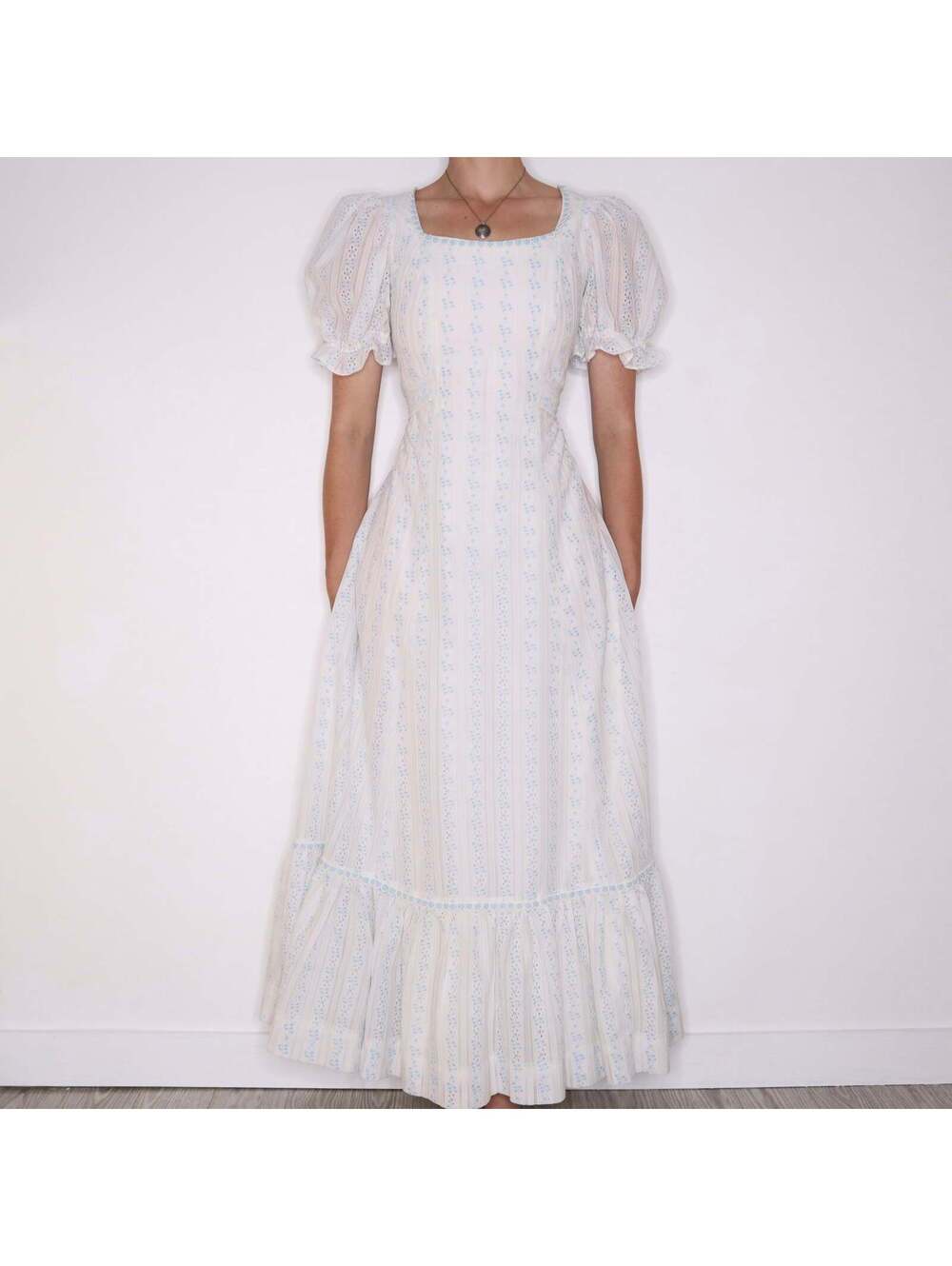 70s White and Baby Blue Lace Maxi Dress (S)